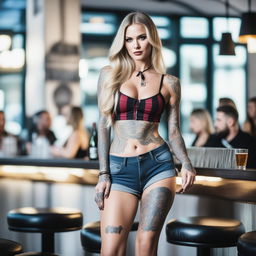 A high-quality photograph of a striking, tattooed woman with long blonde hair