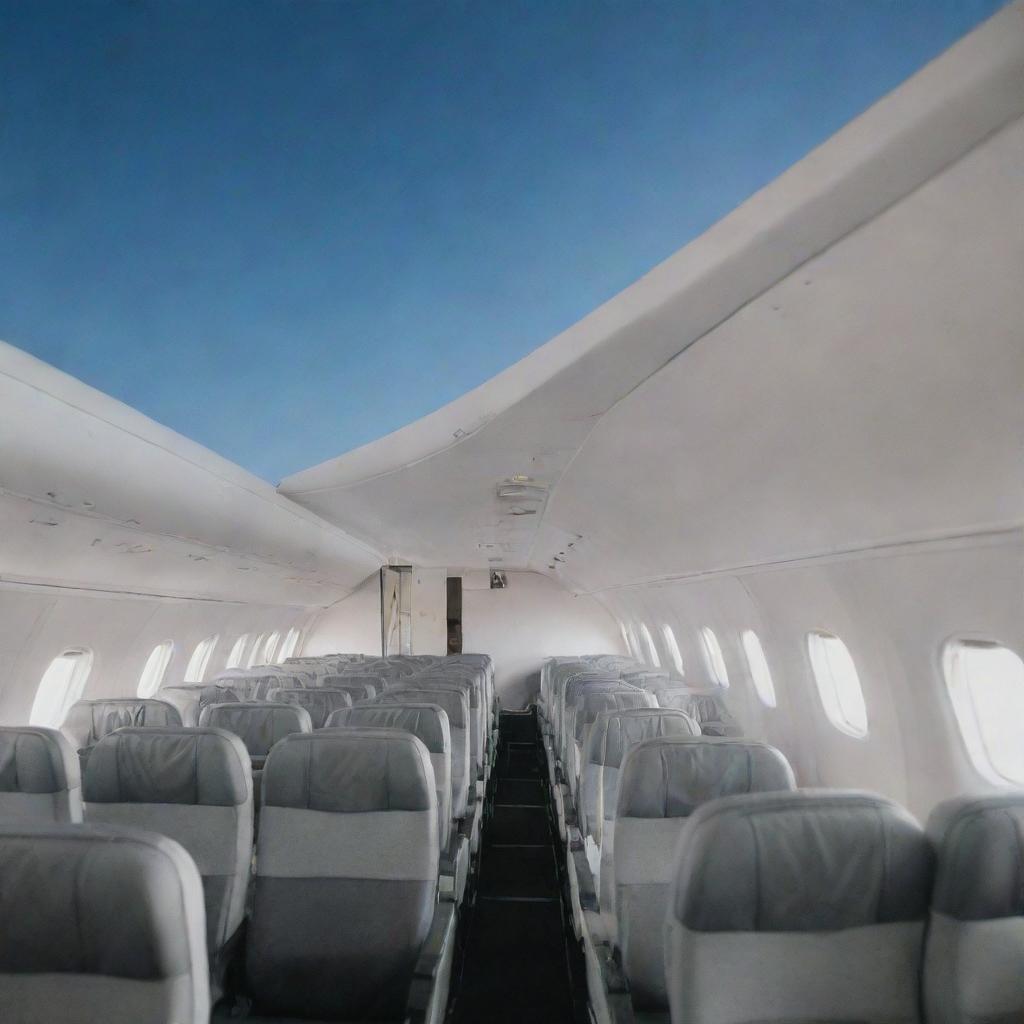 An airplane with a distinct absence of a rooftop, exposing the interior seats and aisle under the open sky.