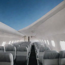 An airplane with a distinct absence of a rooftop, exposing the interior seats and aisle under the open sky.