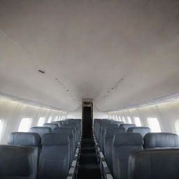 An airplane with a distinct absence of a rooftop, exposing the interior seats and aisle under the open sky.