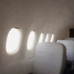 An airplane with a distinct absence of a rooftop, exposing the interior seats and aisle under the open sky.