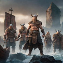 Commanding Viking warriors standing alongside majestic gods, set in an epic Norse backdrop with longships and mythic runes.