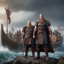 Commanding Viking warriors standing alongside majestic gods, set in an epic Norse backdrop with longships and mythic runes.