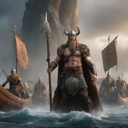 Commanding Viking warriors standing alongside majestic gods, set in an epic Norse backdrop with longships and mythic runes.