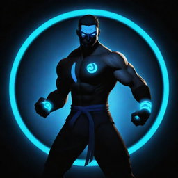 Generate an image of the character Shadow from Shadow Fight 2, standing confidently with neon blue eyes and bracelets, backed by a yin yang symbol glowing with neon blue and red dots on a sleek black background.