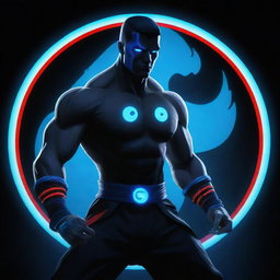 Generate an image of the character Shadow from Shadow Fight 2, standing confidently with neon blue eyes and bracelets, backed by a yin yang symbol glowing with neon blue and red dots on a sleek black background.
