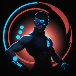 Generate an image of the character Shadow from Shadow Fight 2, standing confidently with neon blue eyes and bracelets, backed by a yin yang symbol glowing with neon blue and red dots on a sleek black background.