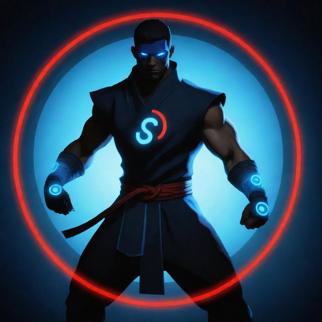 Generate an image of the character Shadow from Shadow Fight 2, standing confidently with neon blue eyes and bracelets, backed by a yin yang symbol glowing with neon blue and red dots on a sleek black background.