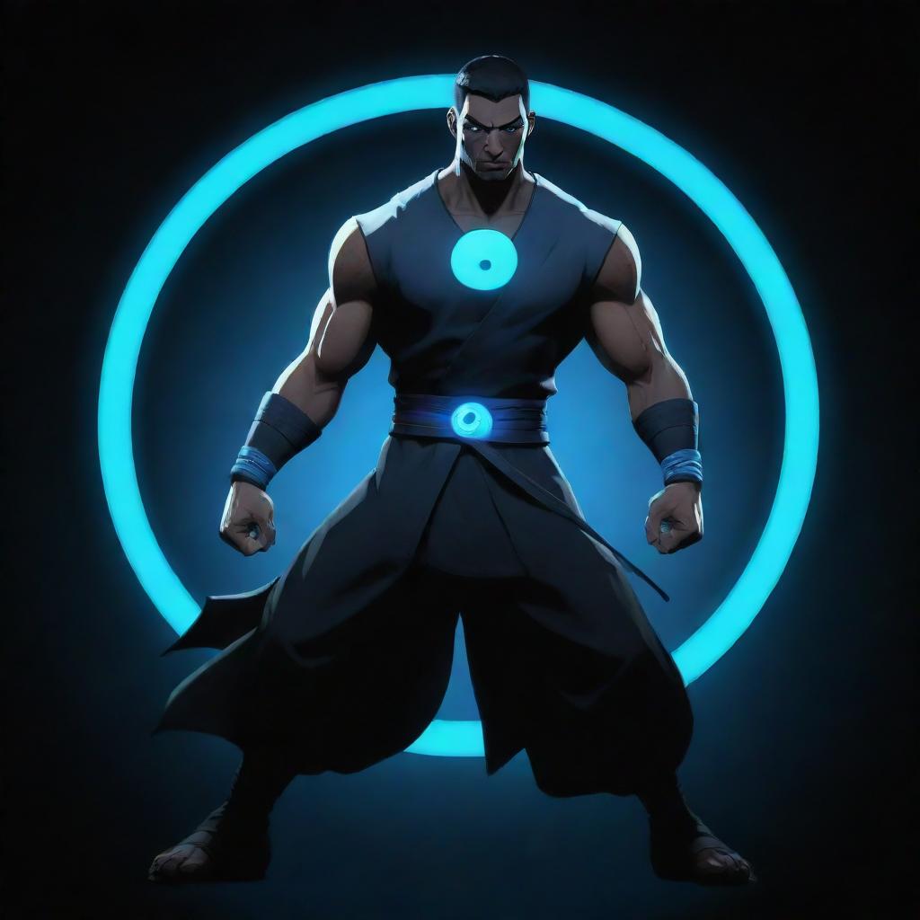 Generate an image of the character Shadow from Shadow Fight 2, standing confidently with neon blue eyes and bracelets, with a striking yin yang symbol behind him emitting a captivating glow against a sleek black background.