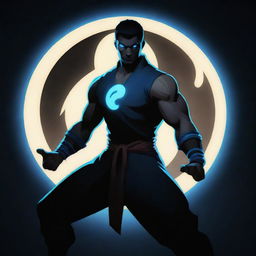 Generate an image of the character Shadow from Shadow Fight 2, standing confidently with neon blue eyes and bracelets, with a striking yin yang symbol behind him emitting a captivating glow against a sleek black background.