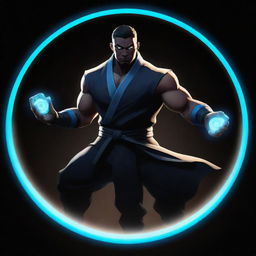 Generate an image of the character Shadow from Shadow Fight 2, standing confidently with neon blue eyes and bracelets, with a striking yin yang symbol behind him emitting a captivating glow against a sleek black background.