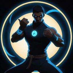 Generate an image of the character Shadow from Shadow Fight 2, standing confidently with neon blue eyes and bracelets, with a striking yin yang symbol behind him emitting a captivating glow against a sleek black background.