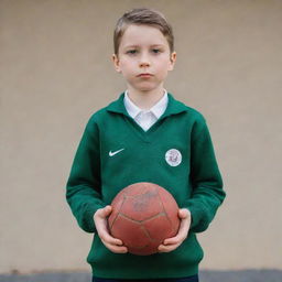 A young boy standing, holding a distinctively different ball in each hand.