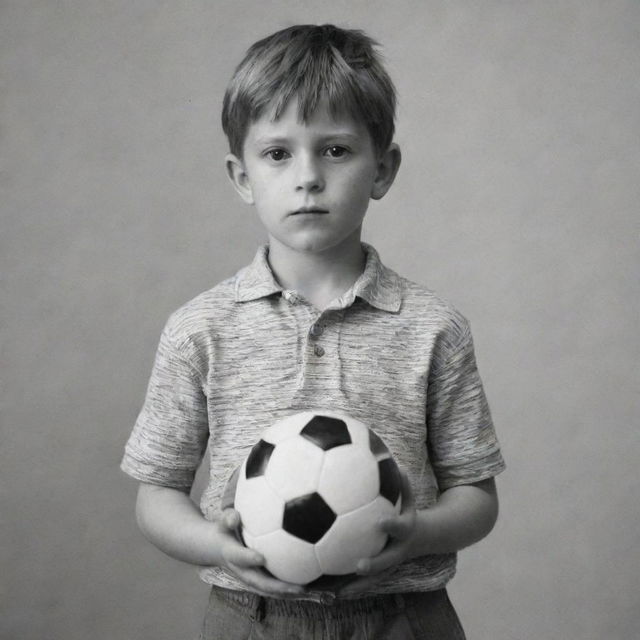 A young boy standing, holding a distinctively different ball in each hand.