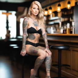 This is a high-quality photograph of an enticing woman with long blonde hair and intricate tattoos adorning her skin
