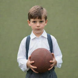 A young boy standing, holding a distinctively different ball in each hand.