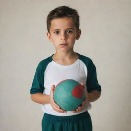 A young boy standing, holding a distinctively different ball in each hand.