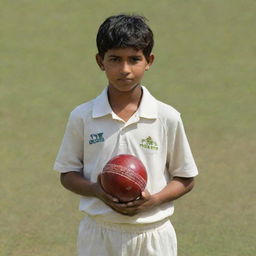 A boy standing with a cricket ball held firmly in each hand.