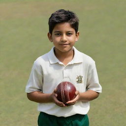 A boy standing with a cricket ball held firmly in each hand.