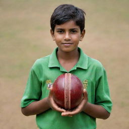 A boy standing with a cricket ball held firmly in each hand.