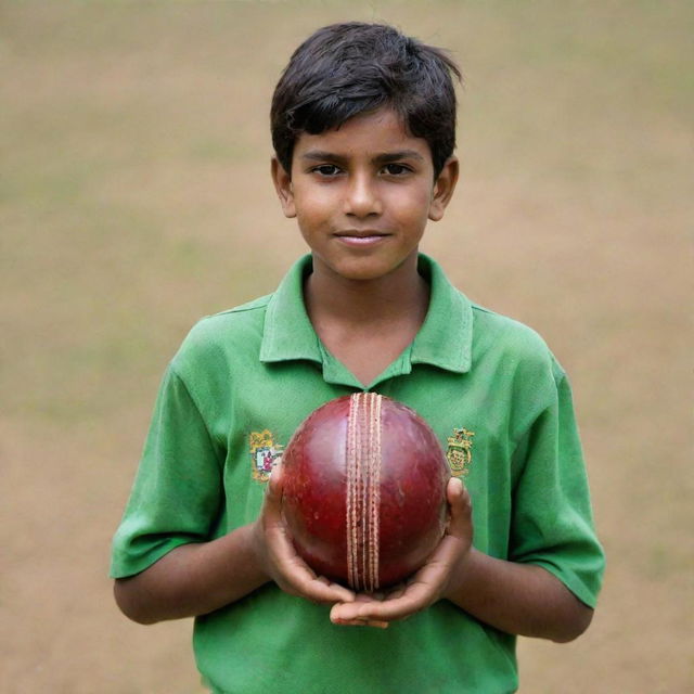 A boy standing with a cricket ball held firmly in each hand.