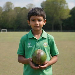 A boy standing with a cricket ball held firmly in each hand.