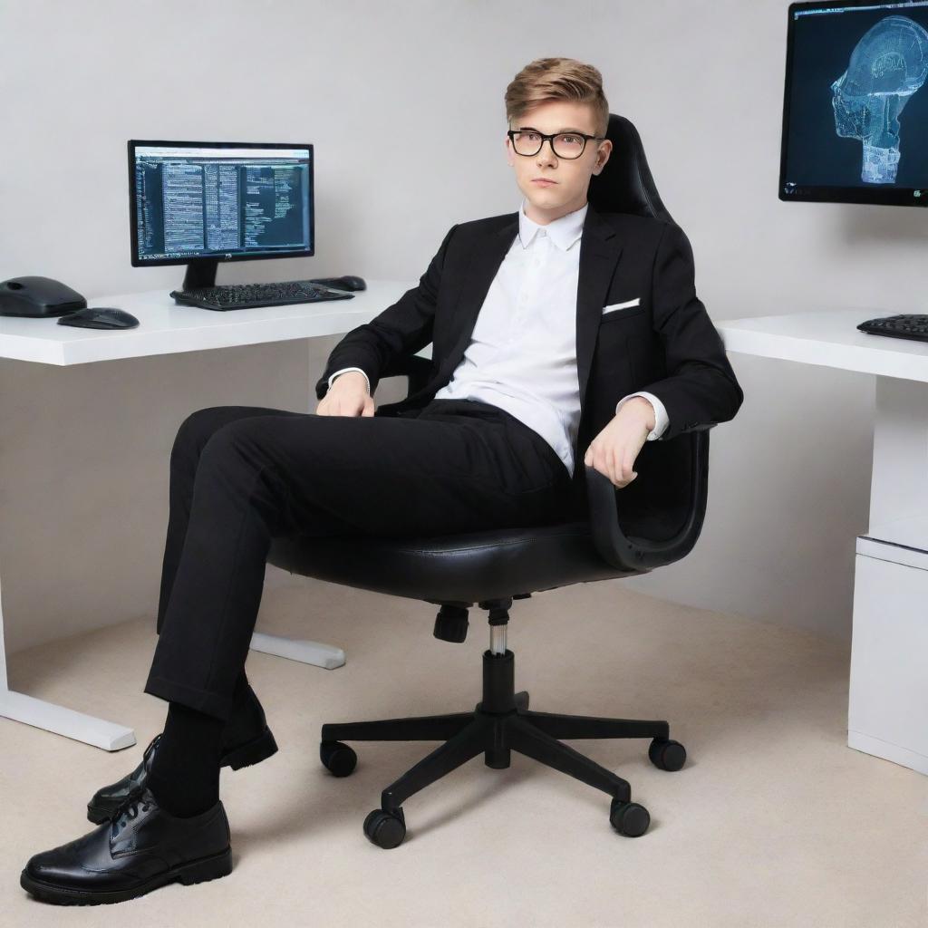 Create a 15-year-old boy, named Mr Legend, styled like a billionaire. He's wearing a white top, black pants, a black coat, white shoes, and glasses. He is sitting comfortably in a gaming chair, in front of a high-tech trading PC.