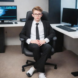 Create a 15-year-old boy, named Mr Legend, styled like a billionaire. He's wearing a white top, black pants, a black coat, white shoes, and glasses. He is sitting comfortably in a gaming chair, in front of a high-tech trading PC.