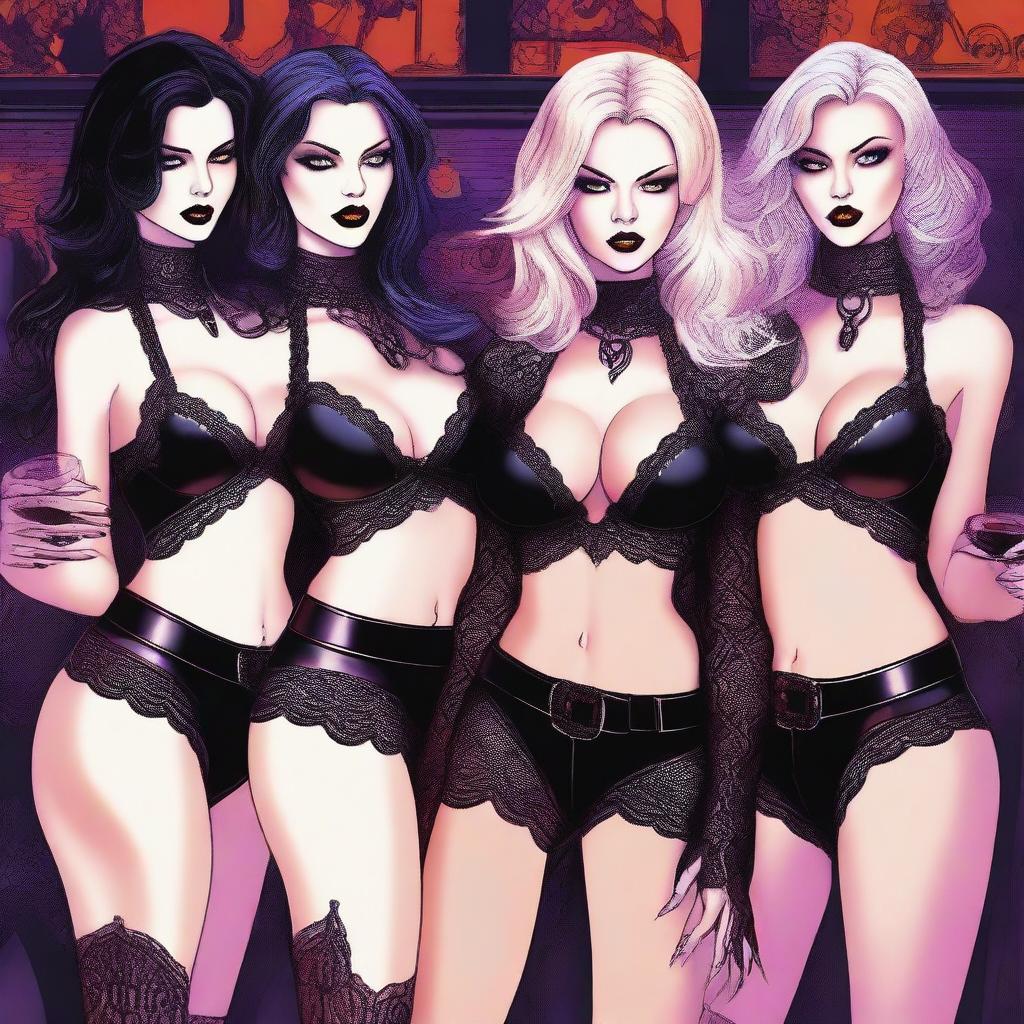 A high-quality digital art piece showcases a group of stunning vampire women at a lively club
