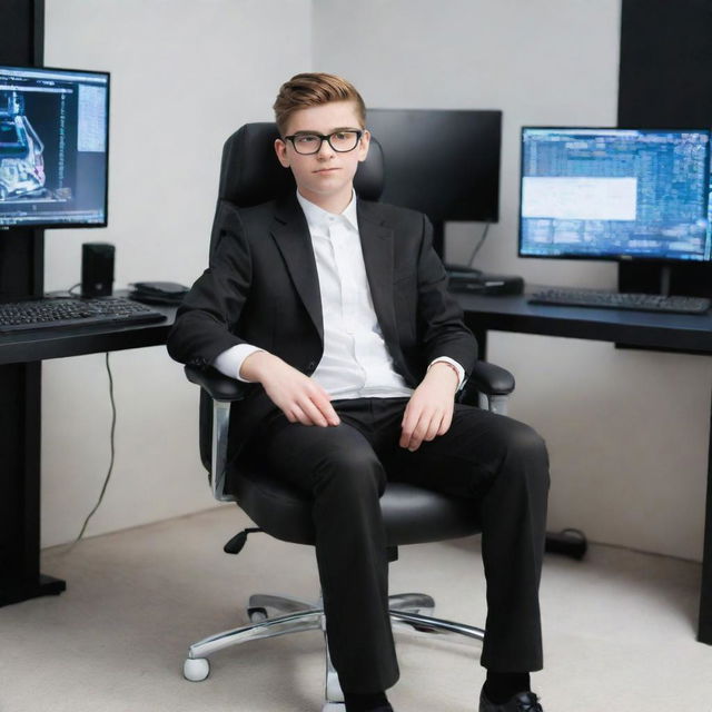 Create a 15-year-old boy, named Mr Legend, styled like a billionaire. He's wearing a white top, black pants, a black coat, white shoes, and glasses. He is sitting comfortably in a gaming chair, in front of a high-tech trading PC.