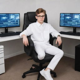 Create a 15-year-old boy, named Mr Legend, styled like a billionaire. He's wearing a white top, black pants, a black coat, white shoes, and glasses. He is sitting comfortably in a gaming chair, in front of a high-tech trading PC.