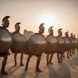 Spartan warriors in phalanx formation demonstrating discipline and bravery on an ancient Greek battlefield. Shields glisten, spears poised. The setting sun highlights their fierce determination.