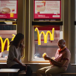 A cheerful individual savouring a McDonald's meal. Sunlight streams through a nearby window, hitting the crisp fries and glistening burger wrapped in classic McDonald's packaging.