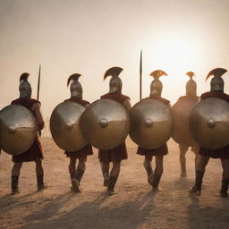 Spartan warriors in phalanx formation demonstrating discipline and bravery on an ancient Greek battlefield. Shields glisten, spears poised. The setting sun highlights their fierce determination.