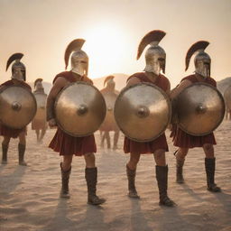 Spartan warriors in phalanx formation demonstrating discipline and bravery on an ancient Greek battlefield. Shields glisten, spears poised. The setting sun highlights their fierce determination.