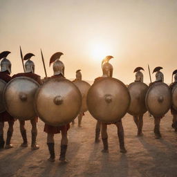 Spartan warriors in phalanx formation demonstrating discipline and bravery on an ancient Greek battlefield. Shields glisten, spears poised. The setting sun highlights their fierce determination.