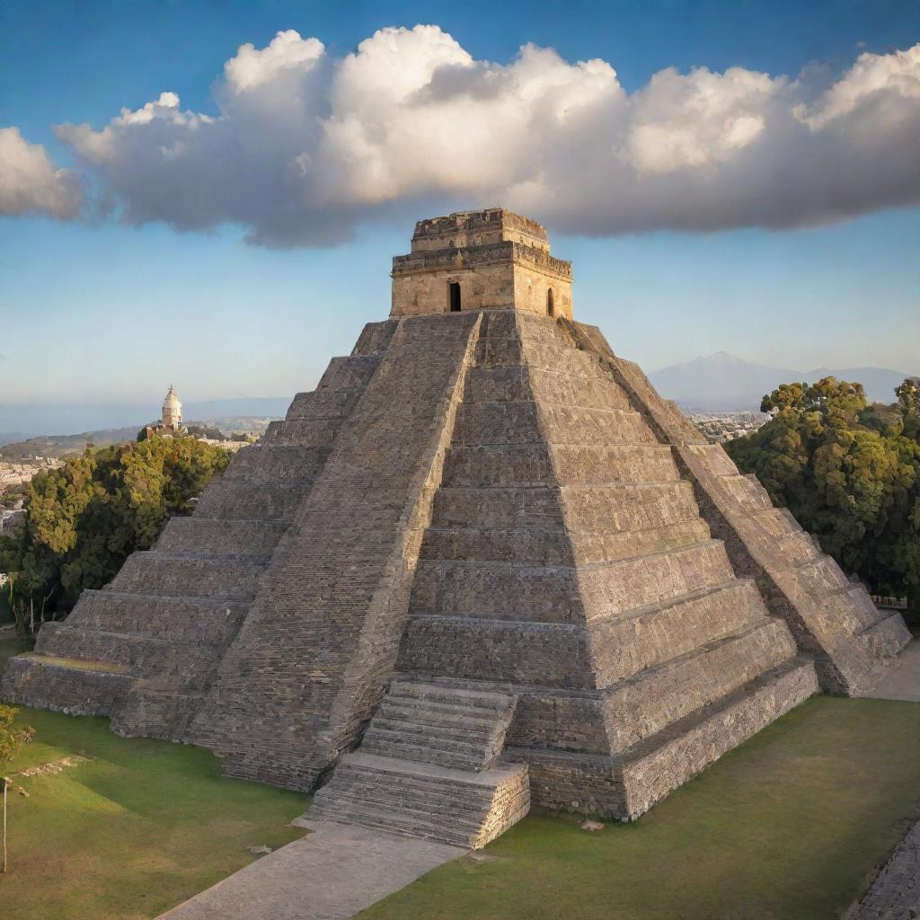 A detailed, illuminating image of the Great Pyramid of Cholula, showcasing its massive structure, staircases leading up the sides, and the historic Church of Our Lady of the Remedies on top bathed in vibrant sunlight.