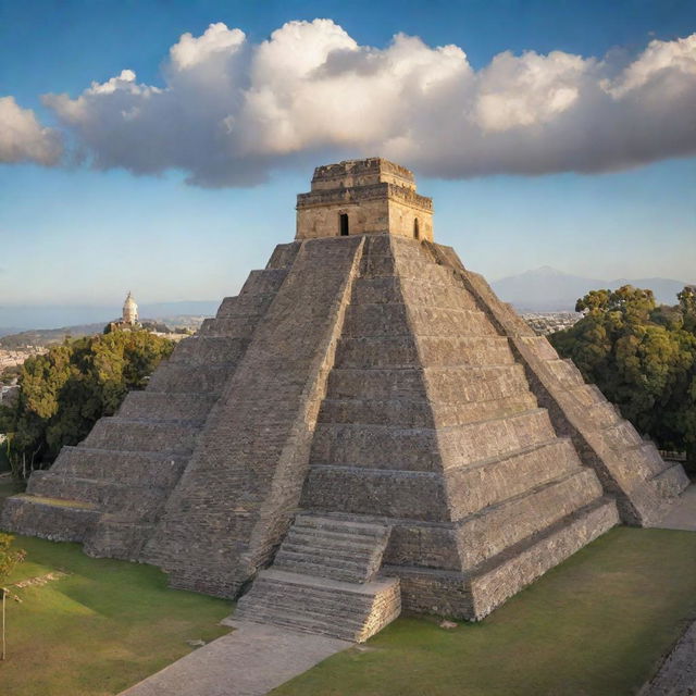 A detailed, illuminating image of the Great Pyramid of Cholula, showcasing its massive structure, staircases leading up the sides, and the historic Church of Our Lady of the Remedies on top bathed in vibrant sunlight.