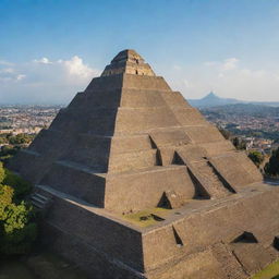 A detailed, illuminating image of the Great Pyramid of Cholula, showcasing its massive structure, staircases leading up the sides, and the historic Church of Our Lady of the Remedies on top bathed in vibrant sunlight.