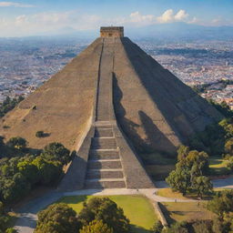 A detailed, illuminating image of the Great Pyramid of Cholula, showcasing its massive structure, staircases leading up the sides, and the historic Church of Our Lady of the Remedies on top bathed in vibrant sunlight.