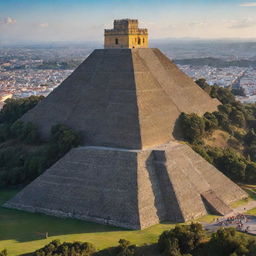 A detailed, illuminating image of the Great Pyramid of Cholula, showcasing its massive structure, staircases leading up the sides, and the historic Church of Our Lady of the Remedies on top bathed in vibrant sunlight.