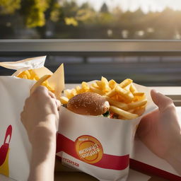 A cheerful individual savouring a McDonald's meal. Sunlight streams through a nearby window, hitting the crisp fries and glistening burger wrapped in classic McDonald's packaging.