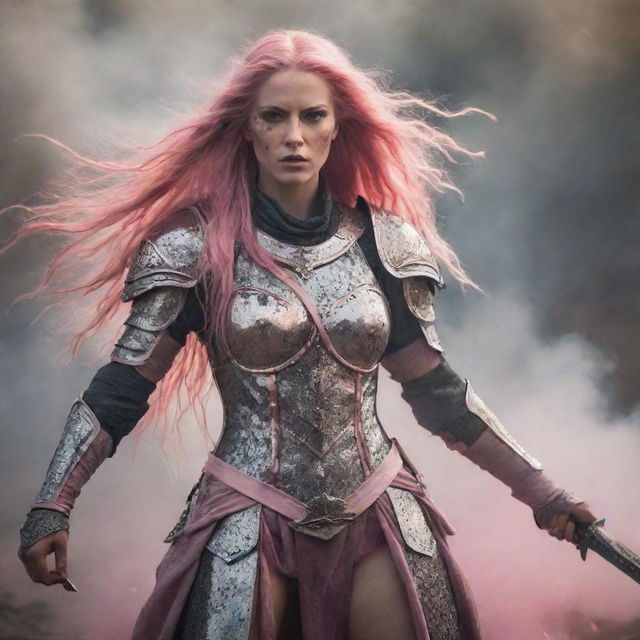 Fantasy warrior woman with long pink hair standing in shimmering armor, brandishing a sword amidst a war-torn battlefield filled with chaos and smoke. Capture the fierce grace of the warrior in the epic fantasy genre.