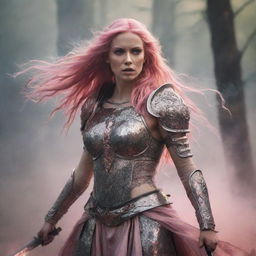 Fantasy warrior woman with long pink hair standing in shimmering armor, brandishing a sword amidst a war-torn battlefield filled with chaos and smoke. Capture the fierce grace of the warrior in the epic fantasy genre.