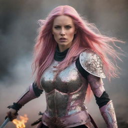 Fantasy warrior woman with long pink hair standing in shimmering armor, brandishing a sword amidst a war-torn battlefield filled with chaos and smoke. Capture the fierce grace of the warrior in the epic fantasy genre.