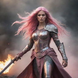 Fantasy warrior woman with long pink hair standing in shimmering armor, brandishing a sword amidst a war-torn battlefield filled with chaos and smoke. Capture the fierce grace of the warrior in the epic fantasy genre.