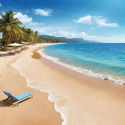 A vibrant, high-resolution illustration of a lively summer resort beach landscape. Picture magnificent sea and sky under sunshine, with the unique touch of a summertime Christmas.