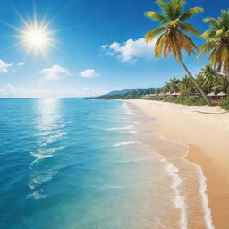 A vibrant, high-resolution illustration of a lively summer resort beach landscape. Picture magnificent sea and sky under sunshine, with the unique touch of a summertime Christmas.