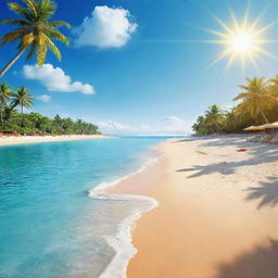 A vibrant, high-resolution illustration of a lively summer resort beach landscape. Picture magnificent sea and sky under sunshine, with the unique touch of a summertime Christmas.