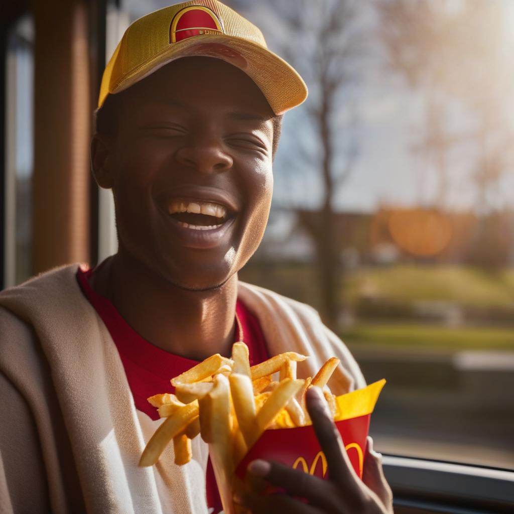 A cheerful individual savouring a McDonald's meal. Sunlight streams through a nearby window, hitting the crisp fries and glistening burger wrapped in classic McDonald's packaging.